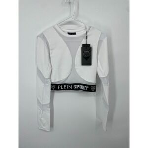 Plein Sport Jogging Cropped Top Womens XL White LS Multicut Thumbhole Sleeve NWT